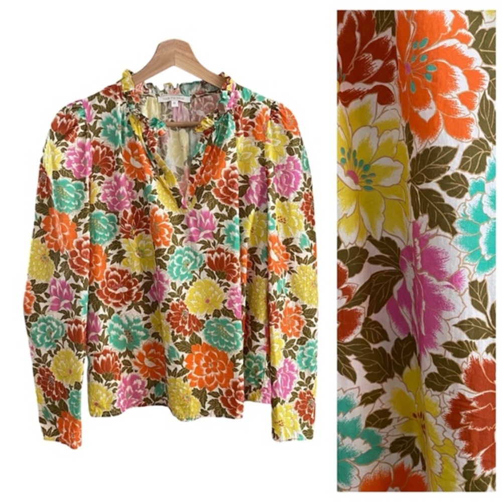 Love The Label Colorful Floral Long Sleeve Ruffle Collar Top Medium